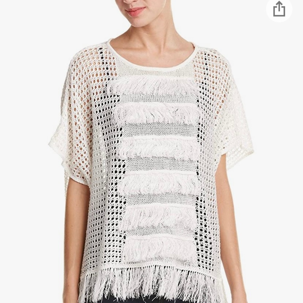 Trina Turk Anja white fringed poncho top XS